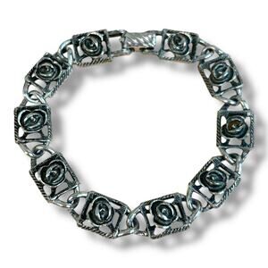 Vintage Sarah Coventry ‘Antique Rose’ Flower Panel Link Bracelet 1970s